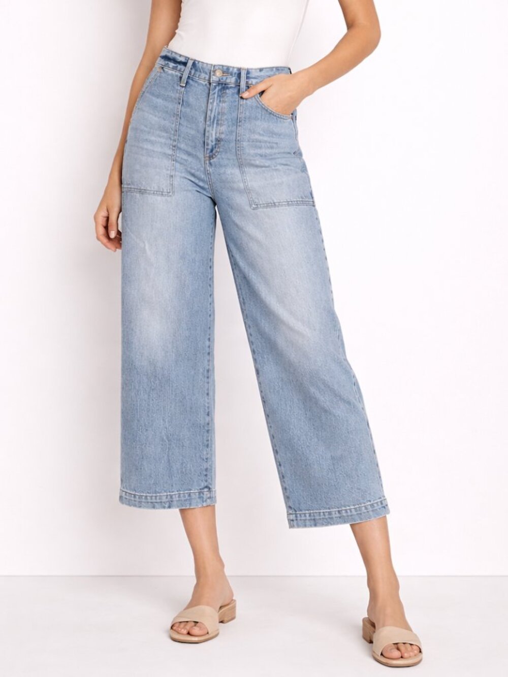 Pistola Utility Crop Jeans High Rise Light Wash Modern Barrel Inspired Denim